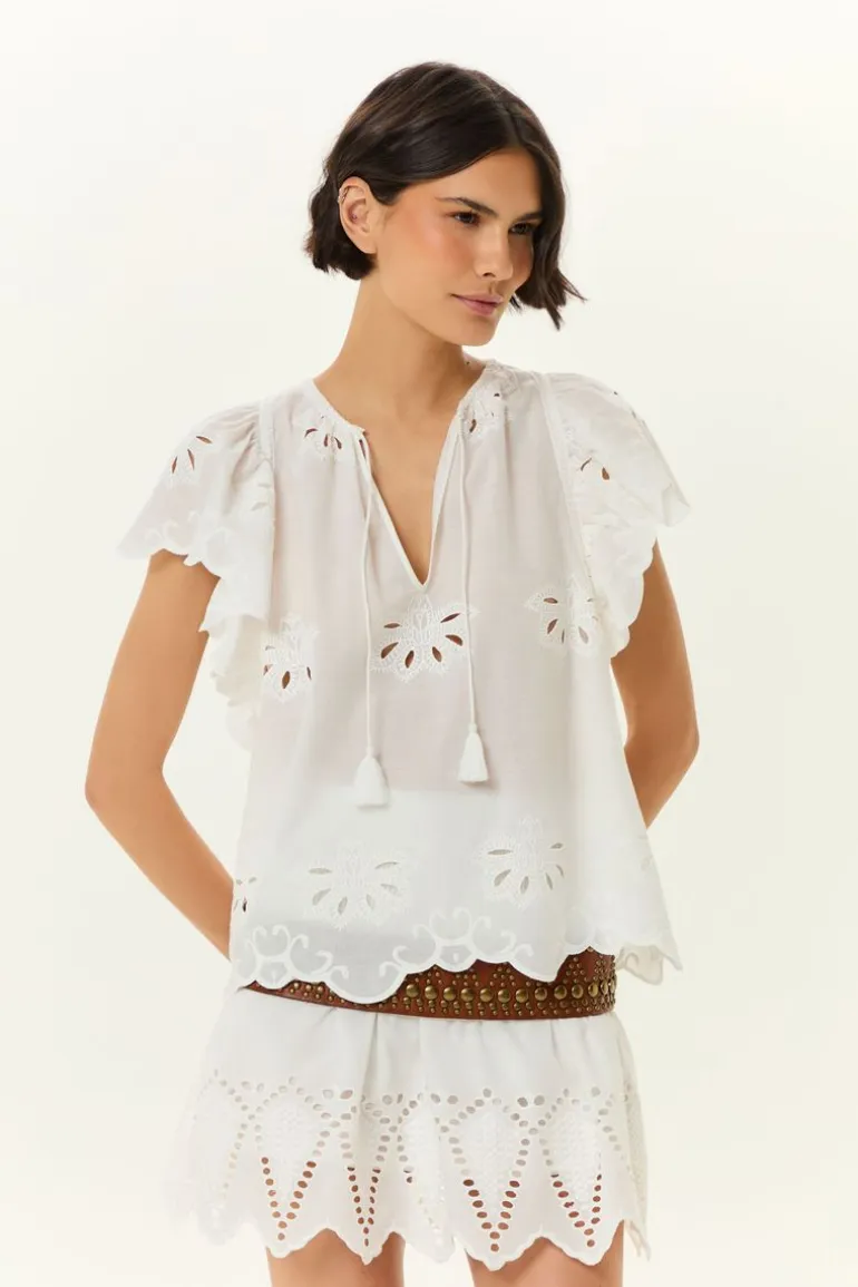 Blusa Manga Curta Bordado Lotus