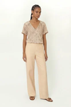 Calça Reta Linho Bolso Frontal