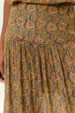 Saia Midi Estampa Leaf Denim