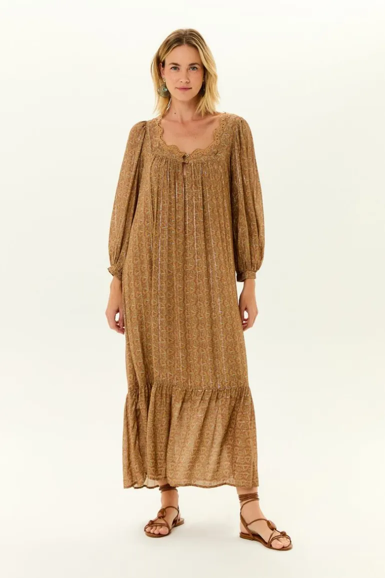 Vestido Decote Festone Estampa Leaf