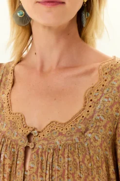 Vestido Decote Festone Estampa Leaf